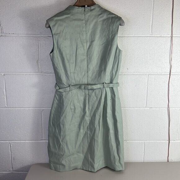 New Ann Taylor Petite Belted Sheath Dress Cross Weave Sz 6P Sage #587572 v-neck - Picture 5 of 7